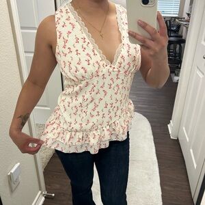 Wild Fable Cream and Pink Floral Ruffle Blouse